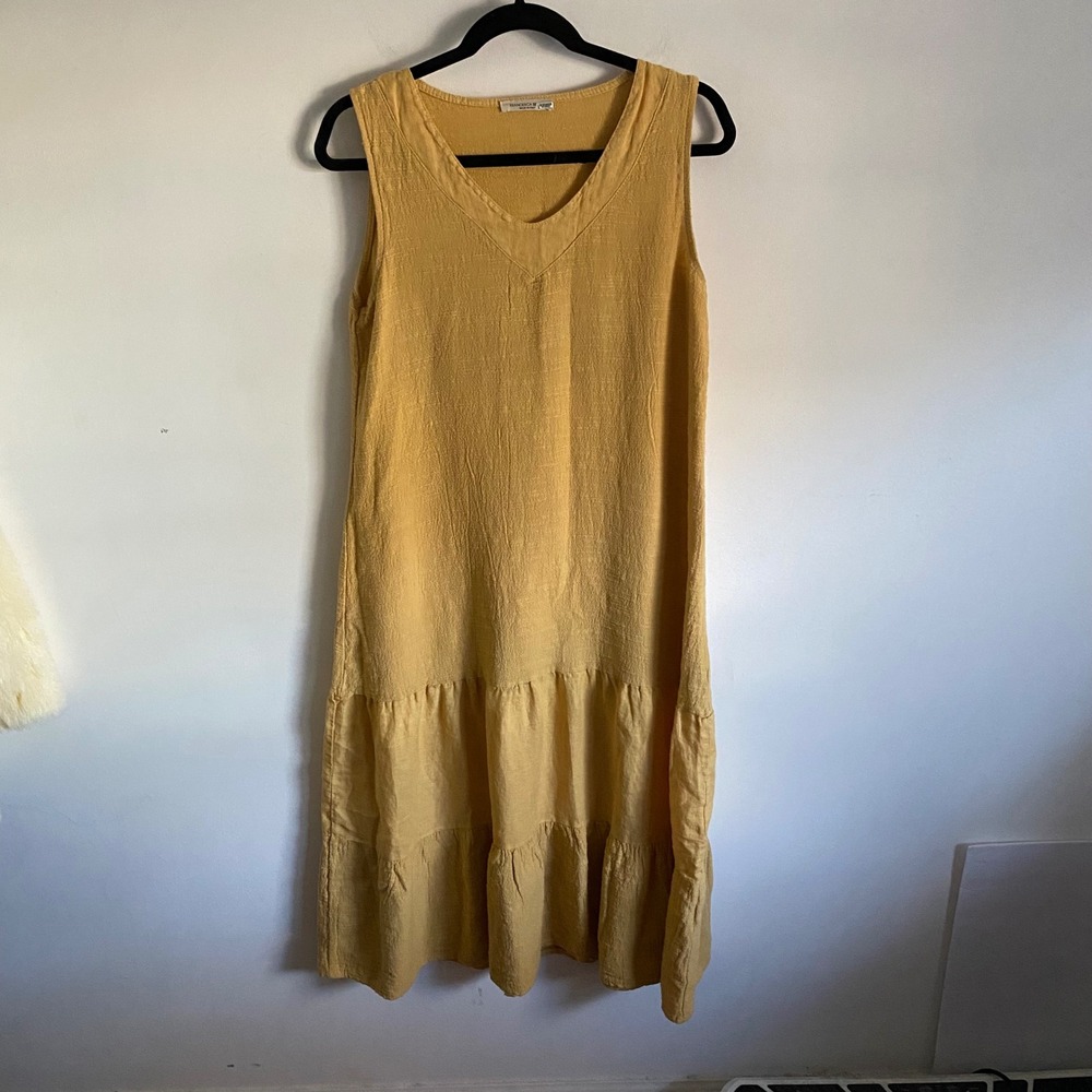Francesca Bettini Linen‎ Midi  Dress Mustard Yellow Tiered V Neck Made in Italy